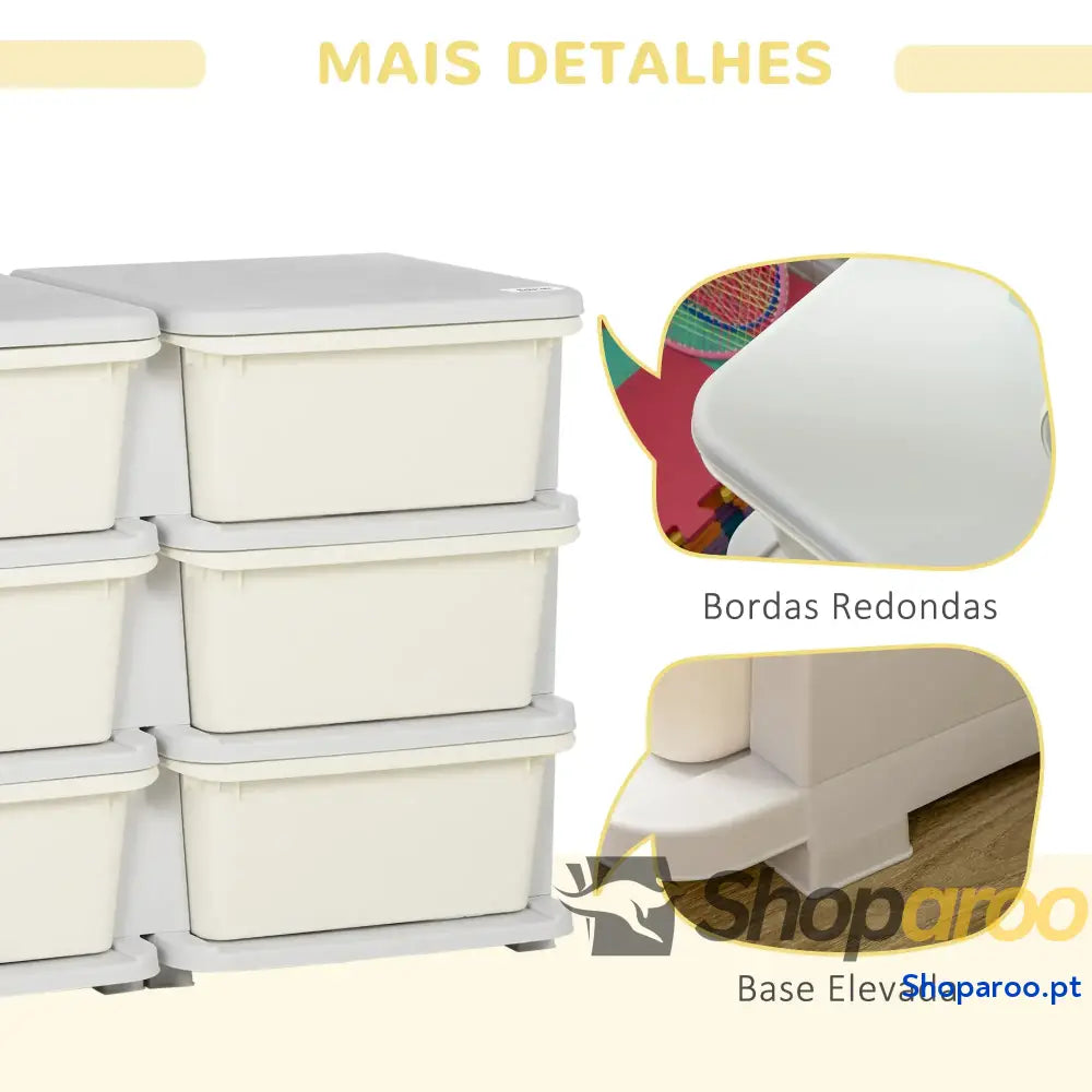 Organizador de Brinquedos com 6 Gavetas para Crianças Bordas Arredondadas e Pegas 75x37x56,5 cm Creme Cinza