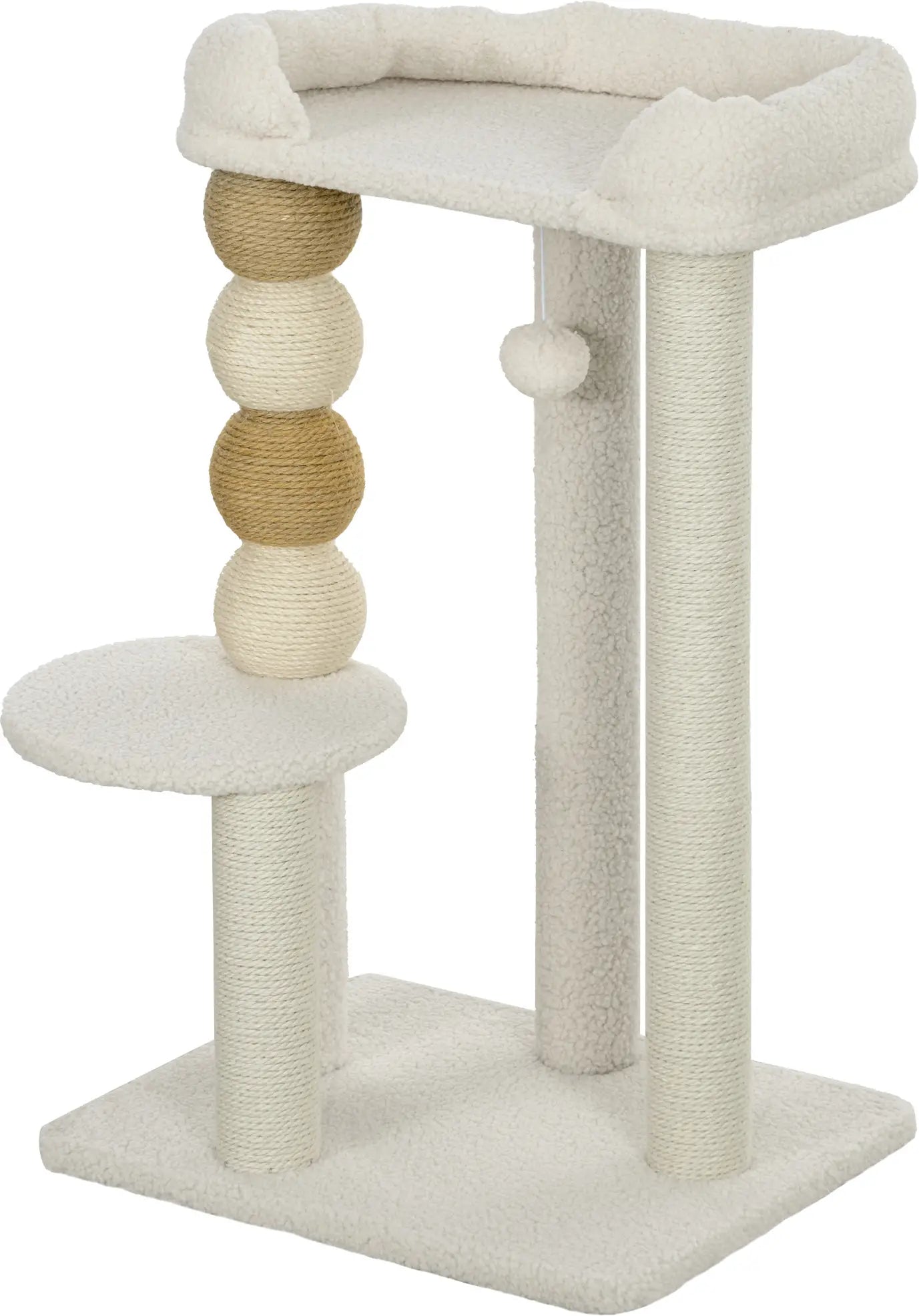 Arranhador para Gatos Arranhador para Gatos com Estofado em Borrego Plataformas Bola Suspensa e Poste de Juta 48,5x40x76 cm Bege