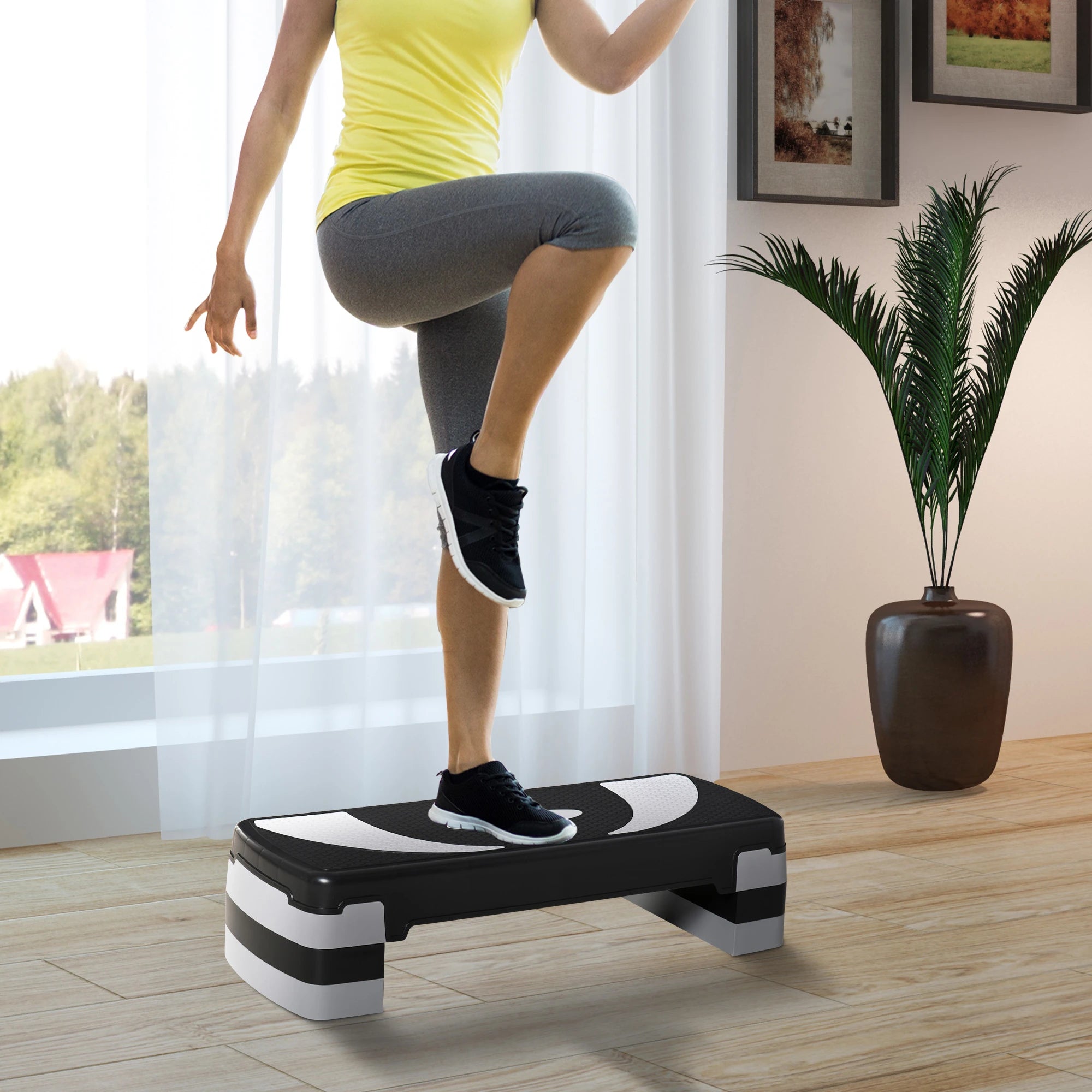 Step para Exercício Aeróbico Plataforma Step com Altura Ajustável em 3 Níveis com Carga Máxima 150kg para Exercício em Academia Casa 80x31x10-20cm Preto e Branco