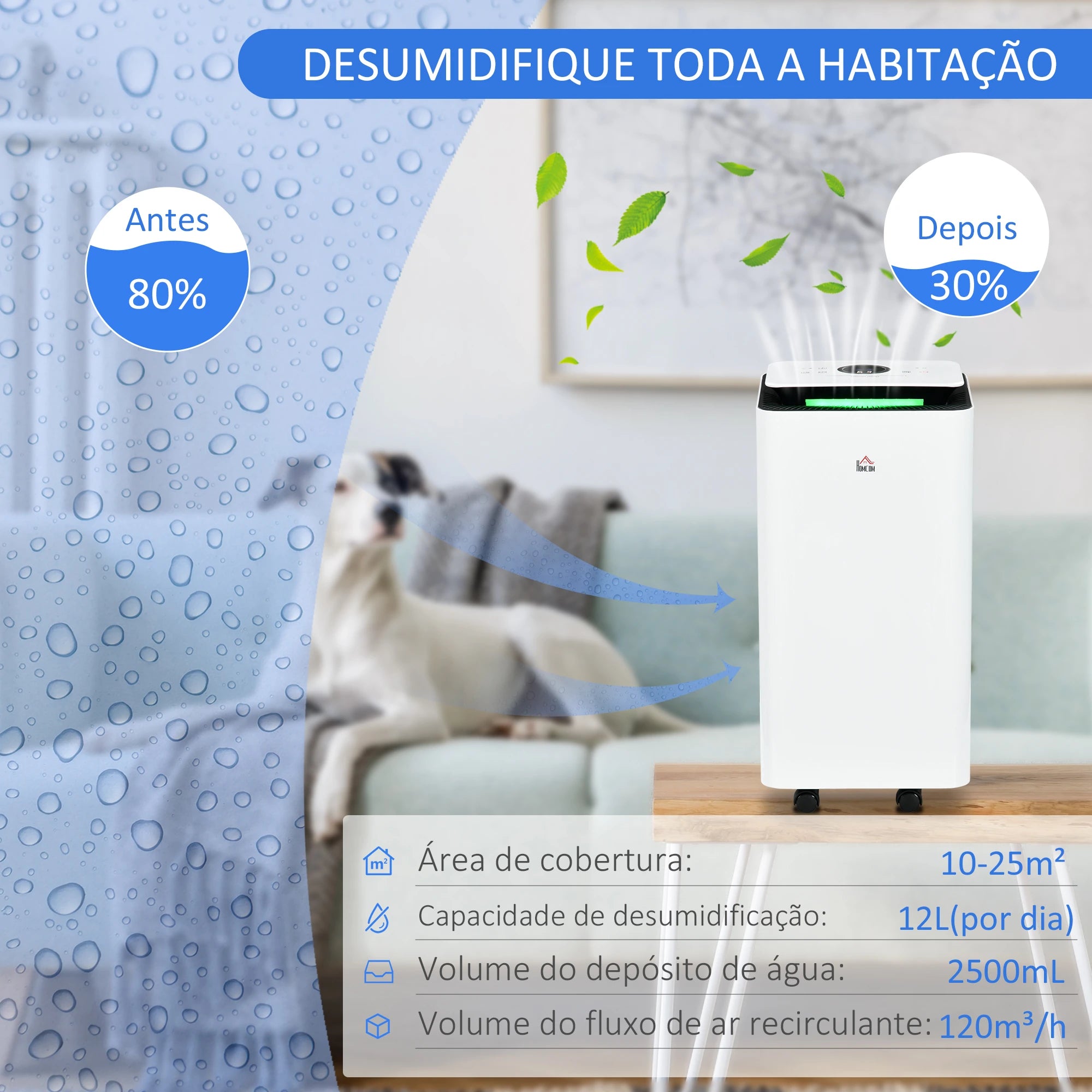 Desumidificador Elétrico 12L/dia Depósito 2,5L Silencioso com 5 Modos 2 Velocidades Ecrã LED e Temporizador 25x25x50,5 cm Branco