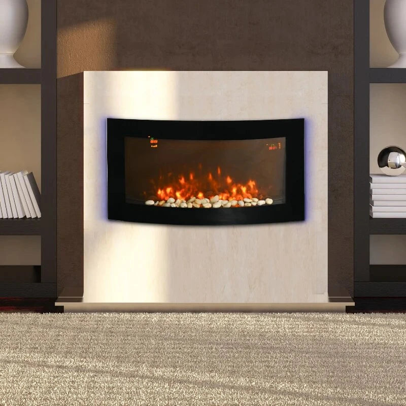 Lareira Elétrica de Parede com Efeito de Chama Realista Luzes LED e Potência Ajustável 1000W/2000W 89,2x13,5x48cm Preto
