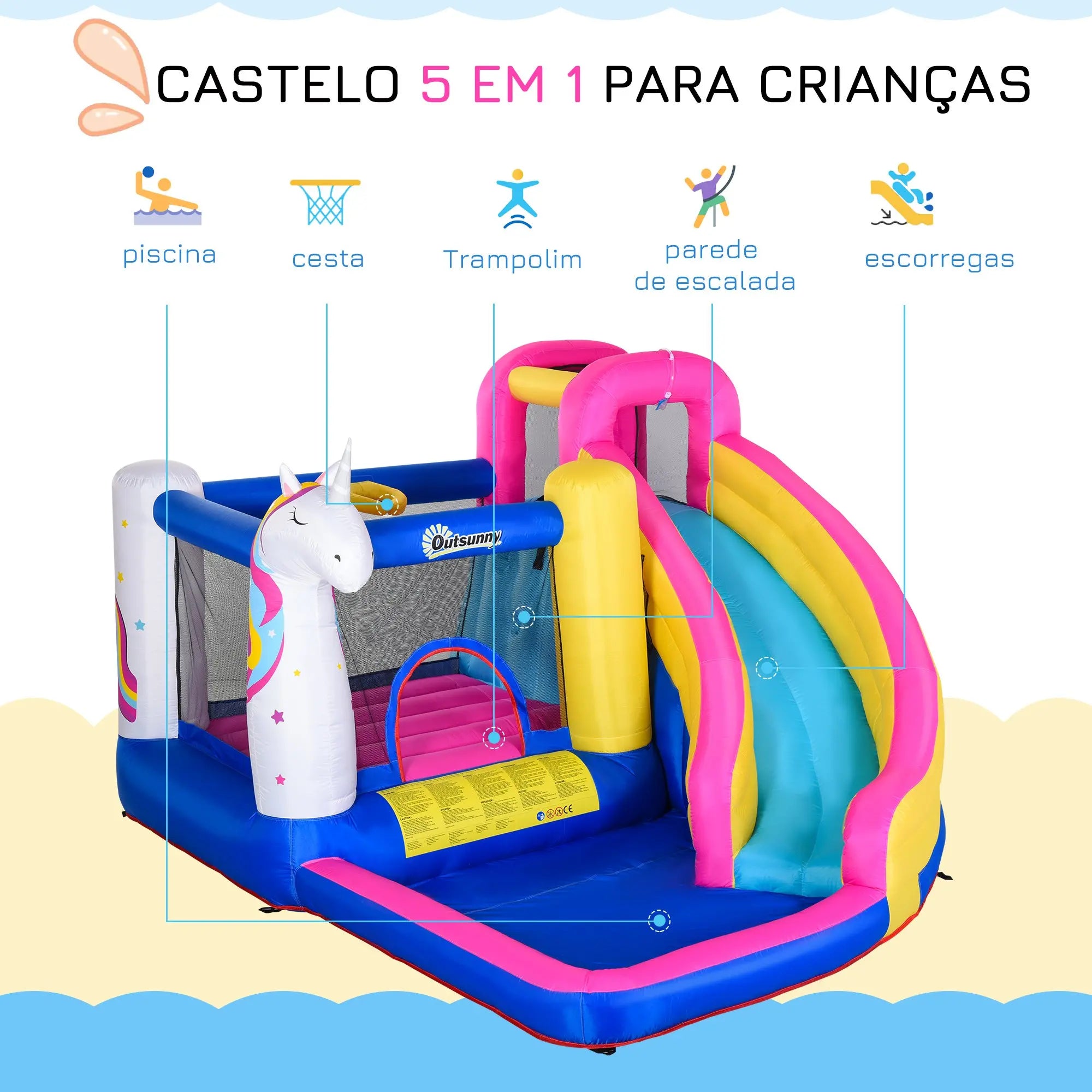 Castelo insuflável infantil com piscina e escorregador para crianças