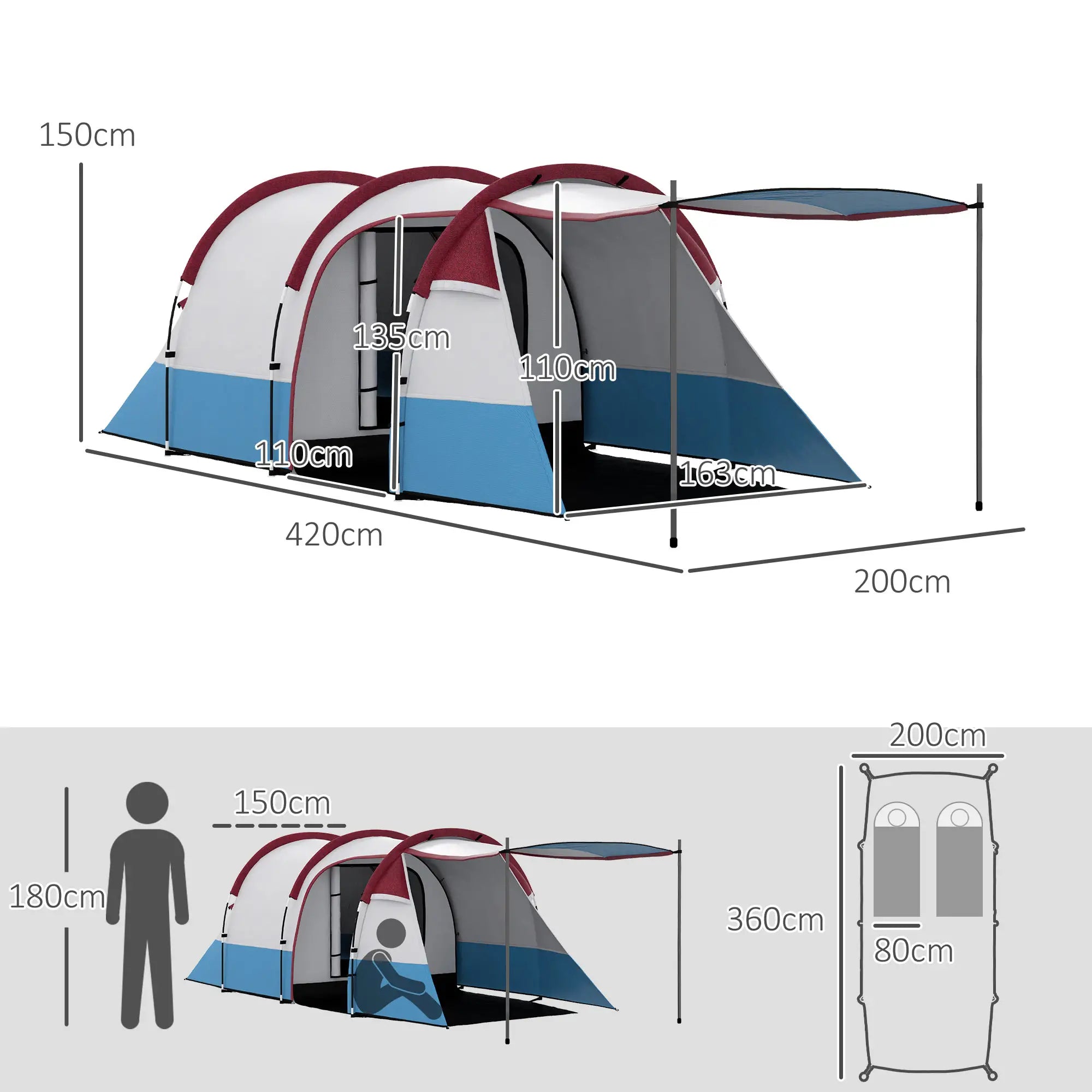 Tenda de Campismo Familiar para 2-3 Pessoas com Sala de Estar Impermeável