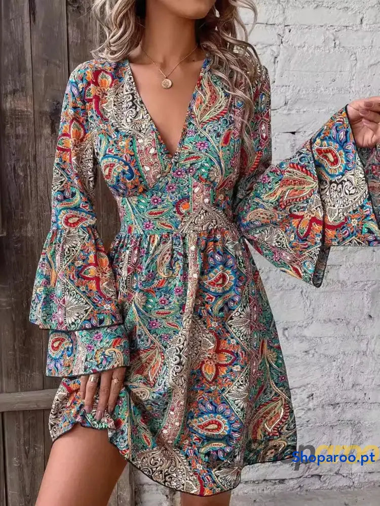 Paisley Print V-Neck Flounce Sleeve Dress