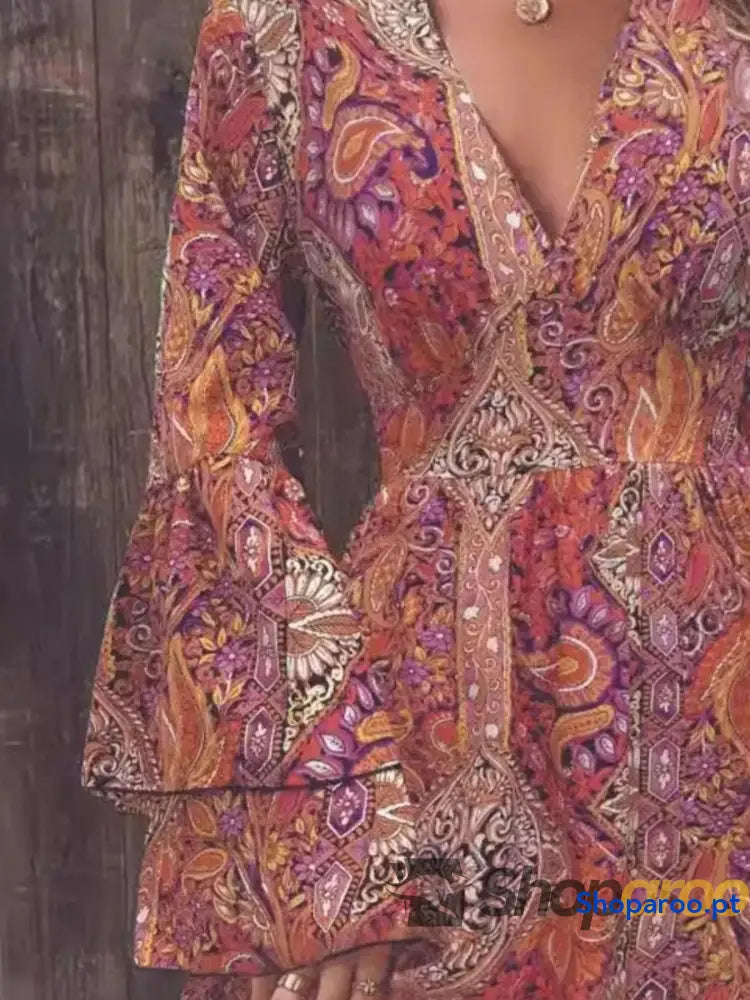 Paisley Print V-Neck Flounce Sleeve Dress