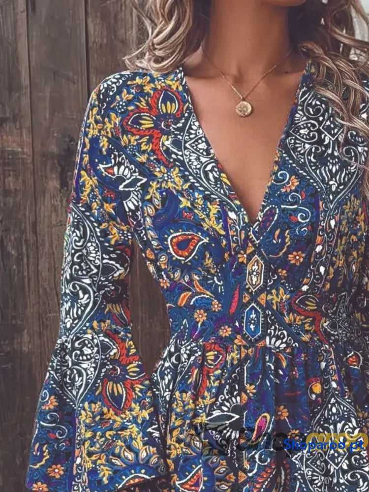 Paisley Print V-Neck Flounce Sleeve Dress