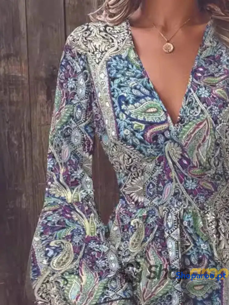 Paisley Print V-Neck Flounce Sleeve Dress