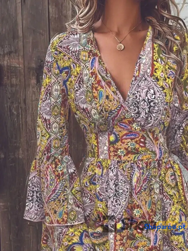 Paisley Print V-Neck Flounce Sleeve Dress
