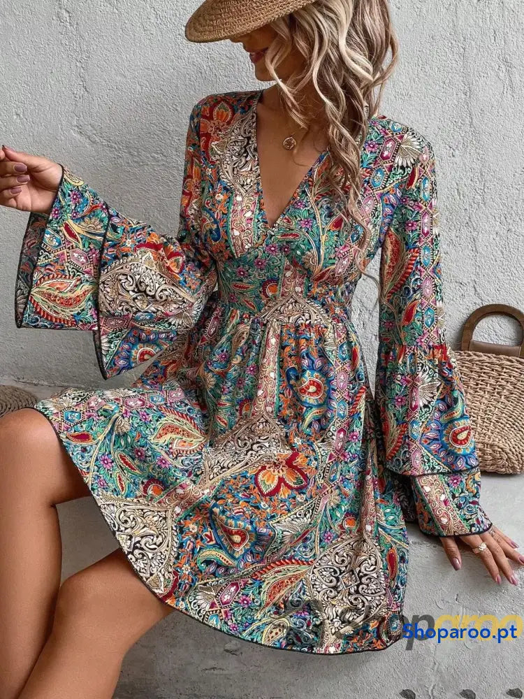 Paisley Print V-Neck Flounce Sleeve Dress
