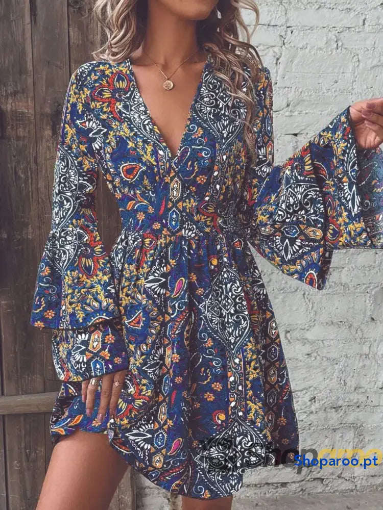 Paisley Print V-Neck Flounce Sleeve Dress