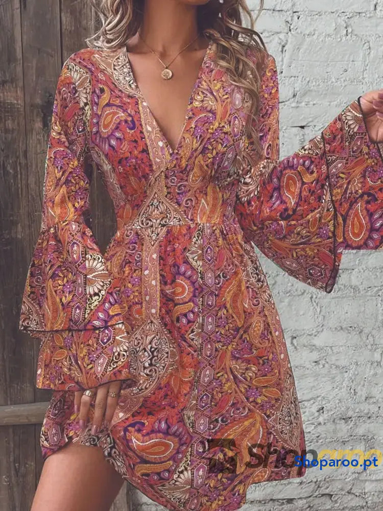 Paisley Print V-Neck Flounce Sleeve Dress