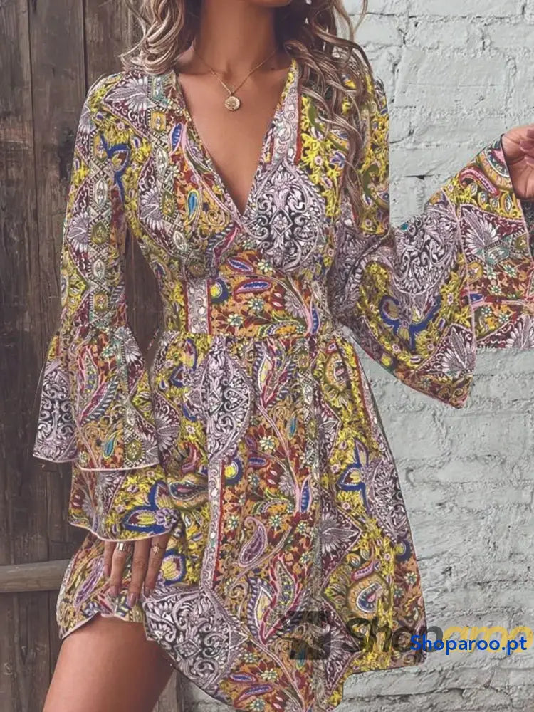 Paisley Print V-Neck Flounce Sleeve Dress