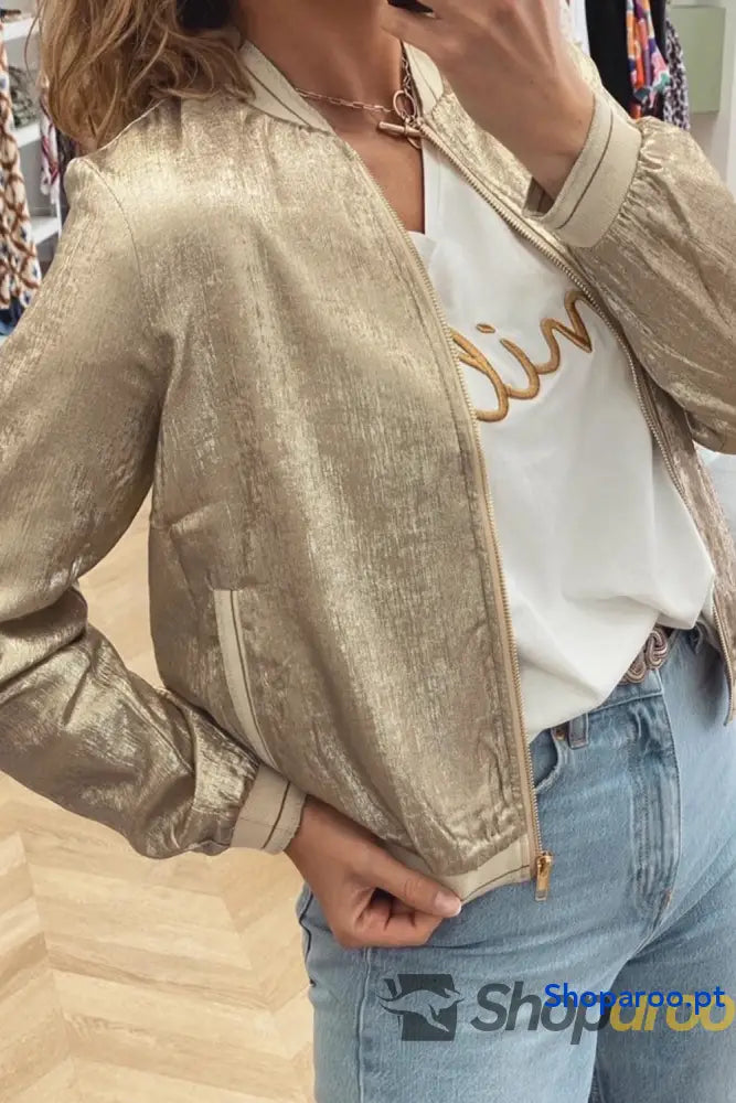 Pale Khaki Metallic Zip up Baseball Jacket