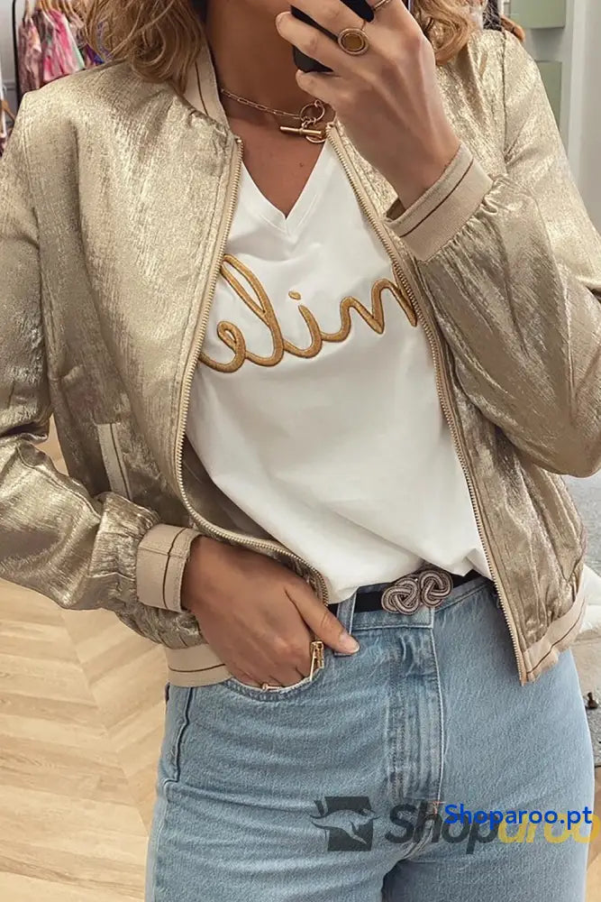 Pale Khaki Metallic Zip up Baseball Jacket