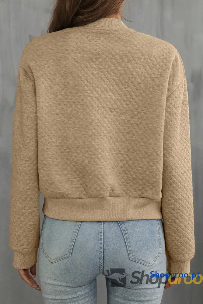 Pale Khaki Solid Geometric Textured Baseball Collar Jacket
