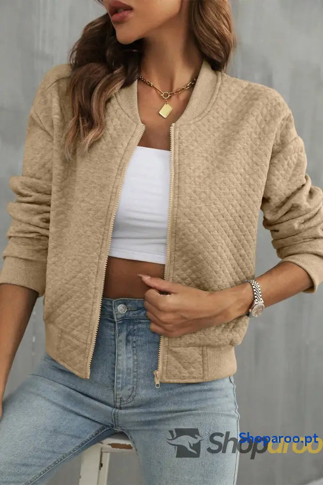 Pale Khaki Solid Geometric Textured Baseball Collar Jacket