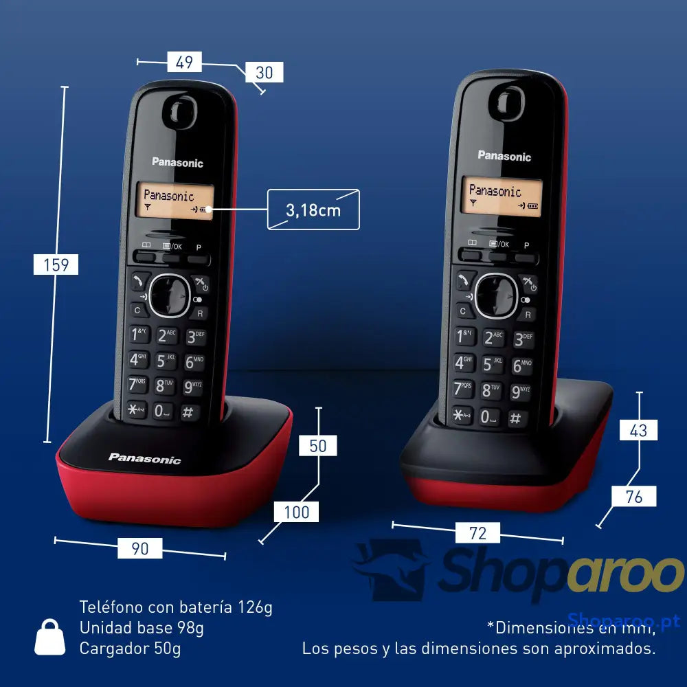 Panasonic KX TG1612SPR Telefone sem fio digital DECT unidade base e 2 auscultadores identificador de chamadas bateria