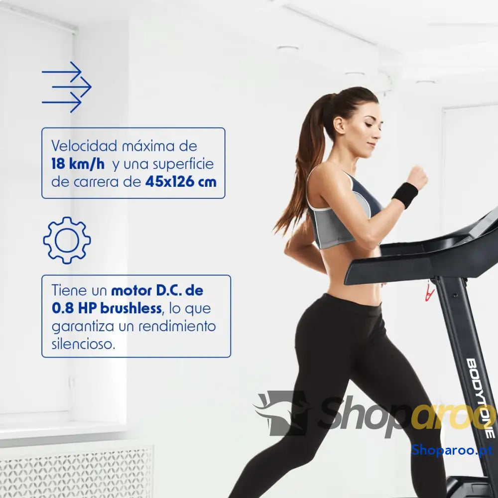 Passadeira de correr dobrável Bluetooth com apps MP3 ecrã LCD altifalantes e 12 programas. Velocidade ajustável até 18