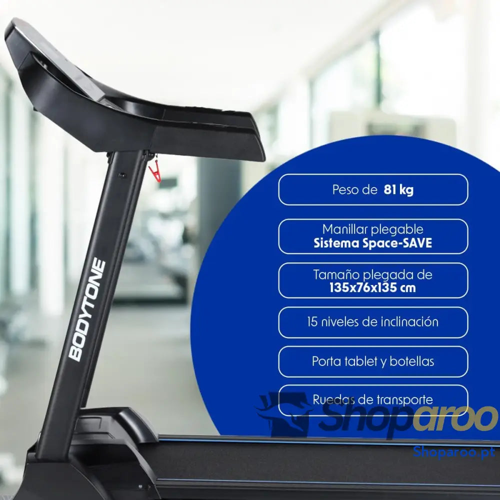 Passadeira de correr dobrável Bluetooth com apps MP3 ecrã LCD altifalantes e 12 programas. Velocidade ajustável até 18