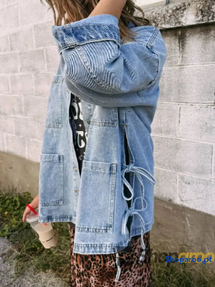 Patched Pockets Side Tie Denim Jacket