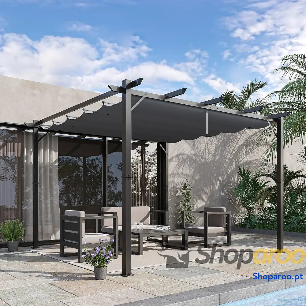 Pérgola de Jardim 300x300x223 cm com Toldo Poliéster Retrátil e Estrutura Alumínio para Exterior Pátio Cinzento