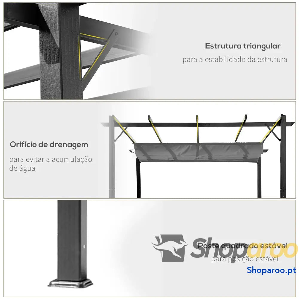 Pérgola de Jardim 300x300x223 cm com Toldo Poliéster Retrátil e Estrutura Alumínio para Exterior Pátio Cinzento