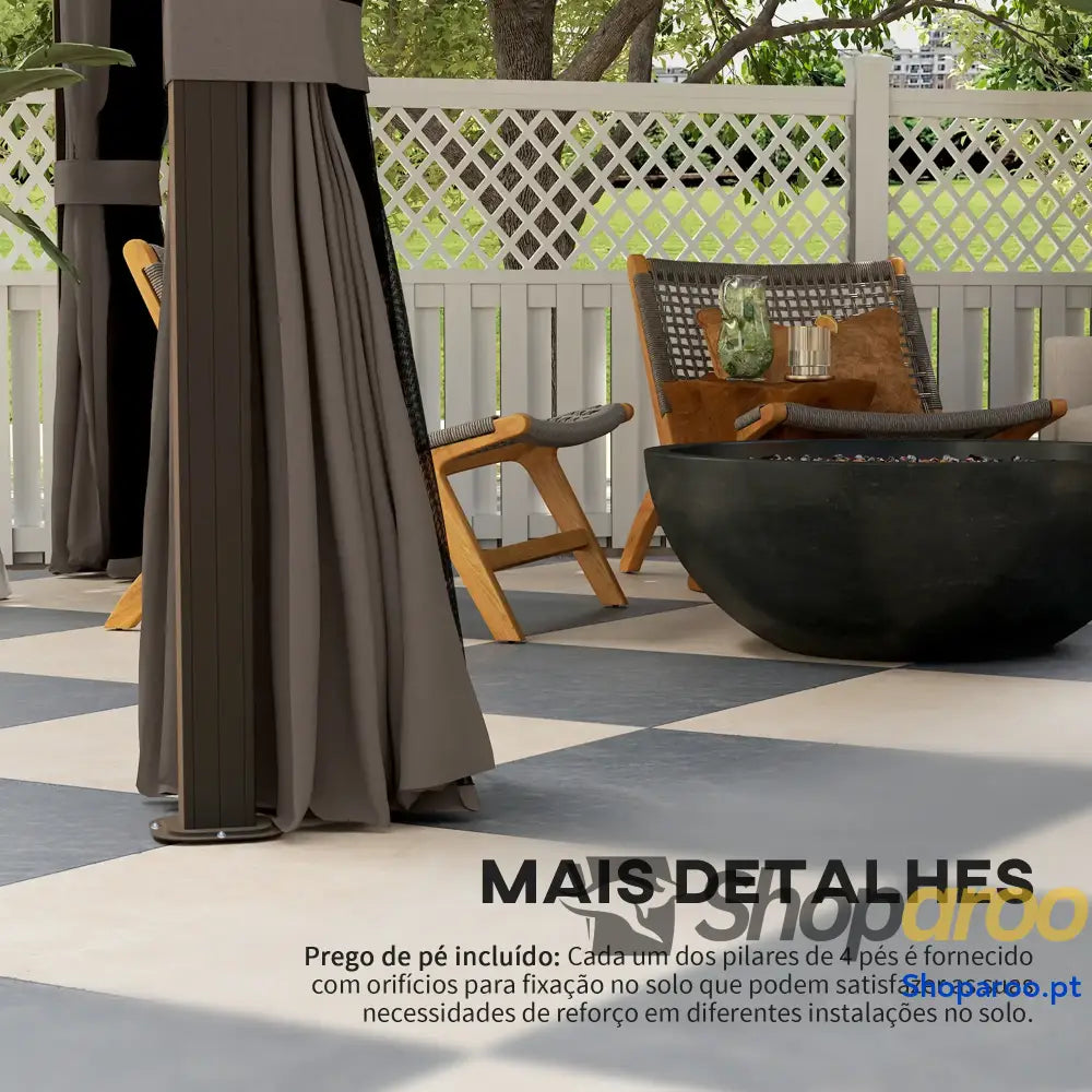Pérgola para Jardim 3x3,65 m de Exterior com Teto Duplo 4 Paredes Laterais Mosquiteiras Anti UV Marrom