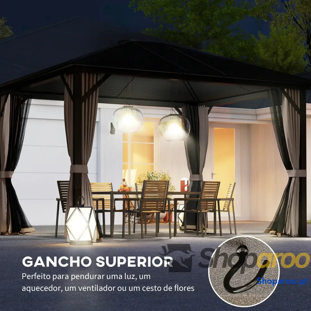 Pérgola para Jardim 3x3,65 m de Exterior com Teto Duplo 4 Paredes Laterais Mosquiteiras Anti UV Marrom