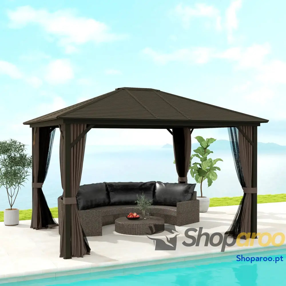Pérgola para Jardim 3x3,65 m de Exterior com Teto Duplo 4 Paredes Laterais Mosquiteiras Anti UV Marrom