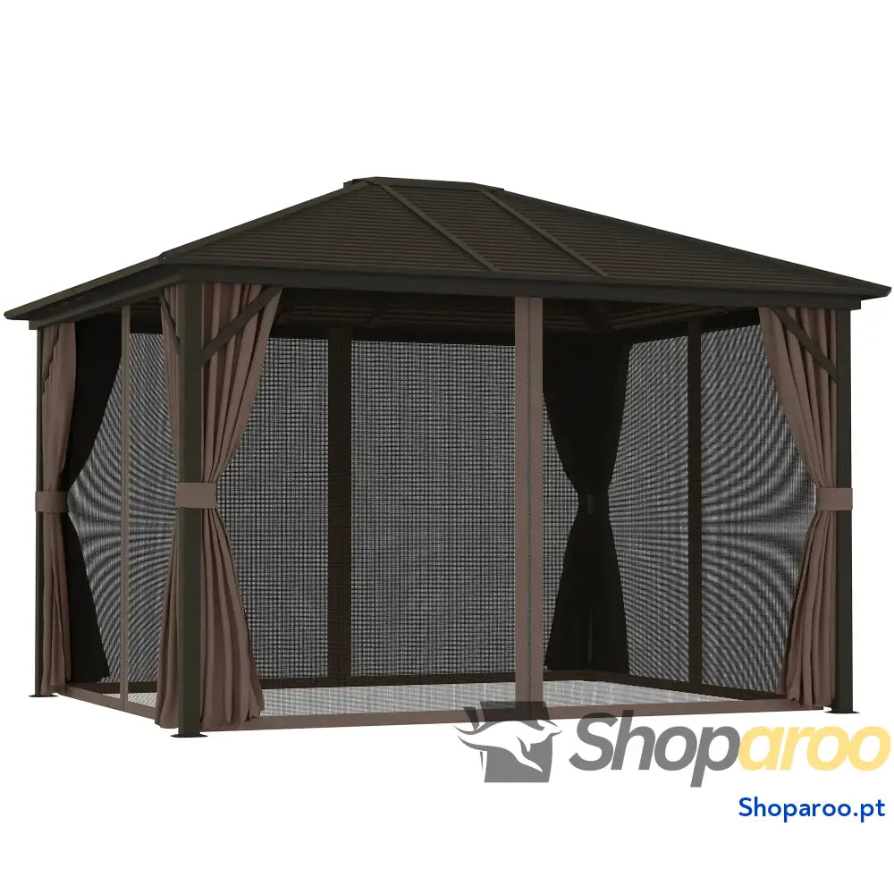 Pérgola para Jardim 3x3,65 m de Exterior com Teto Duplo 4 Paredes Laterais Mosquiteiras Anti UV Marrom