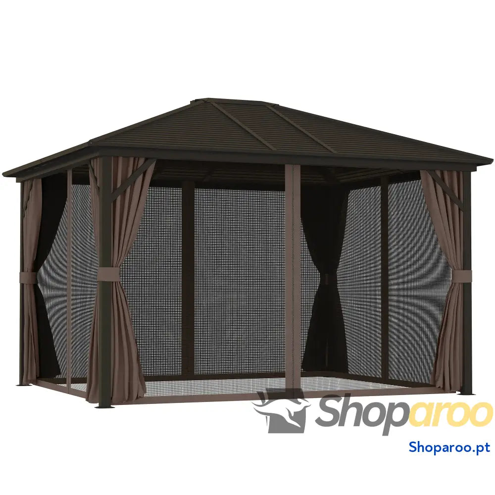 Pérgola para Jardim 3x3,65 m de Exterior com Teto Duplo 4 Paredes Laterais Mosquiteiras Anti UV Marrom