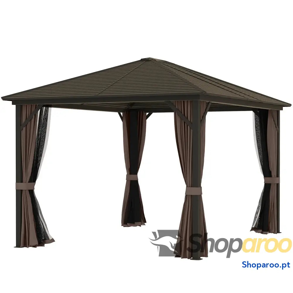Pérgola para Jardim 3x3,65 m de Exterior com Teto Duplo 4 Paredes Laterais Mosquiteiras Anti UV Marrom