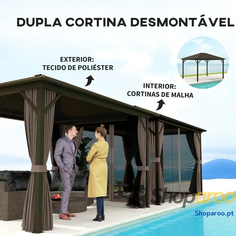 Pérgola para Jardim 3x3,65 m de Exterior com Teto Duplo 4 Paredes Laterais Mosquiteiras Anti UV Marrom