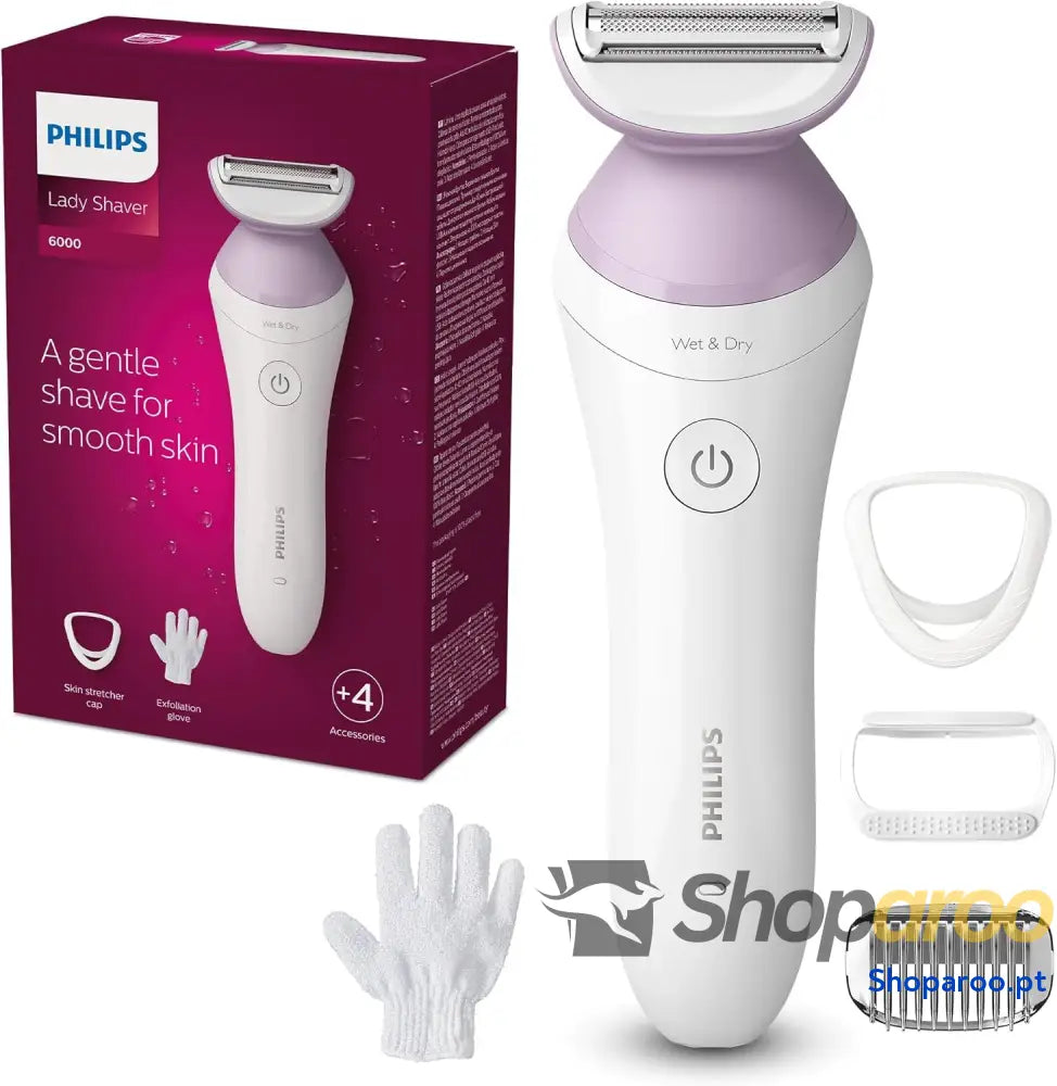 Philips Máquina de barbear feminina série 6000 4 acessórios inclui luva esfoliante guia pente e escova limpeza