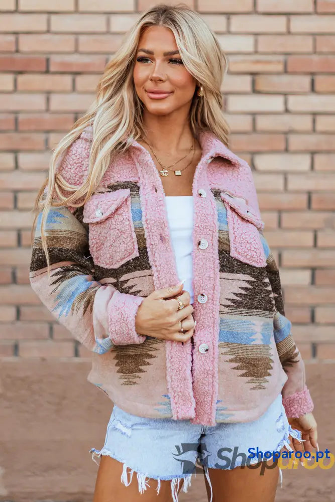 Pink Western Aztec Print Sherpa Splicing Buttoned Flap Pocket Coat