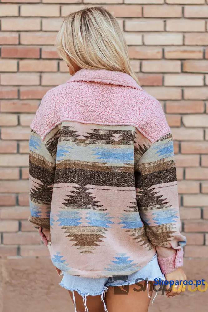 Pink Western Aztec Print Sherpa Splicing Buttoned Flap Pocket Coat