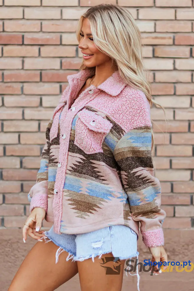 Pink Western Aztec Print Sherpa Splicing Buttoned Flap Pocket Coat