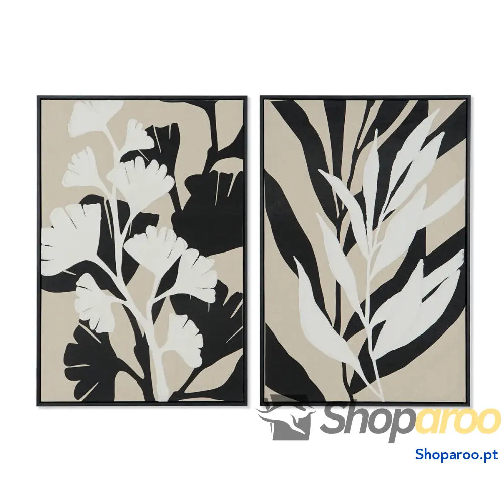 Pintura Home ESPRIT Branco Preto Bege Folha de planta Urbana 63 x 4,3 93 cm (2 Unidades)