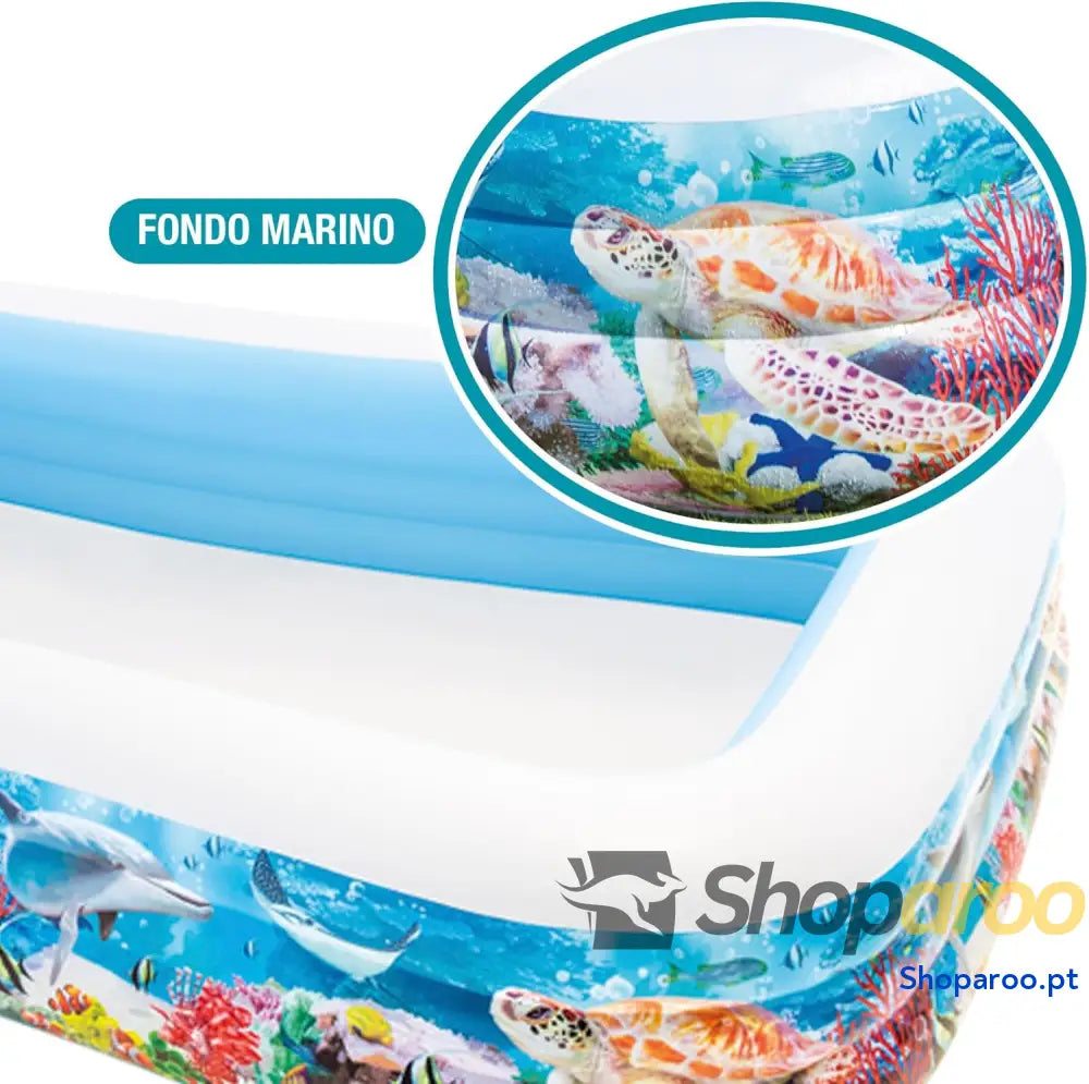 Piscina insuflável Intex Grande design oceânico 305 x 183 56 cm 1050 litros 3 câmaras de ar tampão drenagem vinil