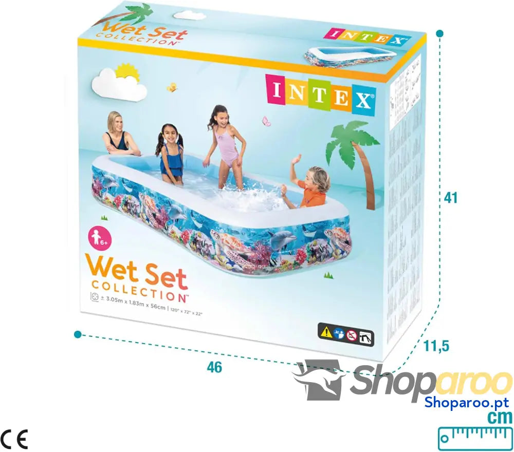 Piscina insuflável Intex Grande design oceânico 305 x 183 56 cm 1050 litros 3 câmaras de ar tampão drenagem vinil