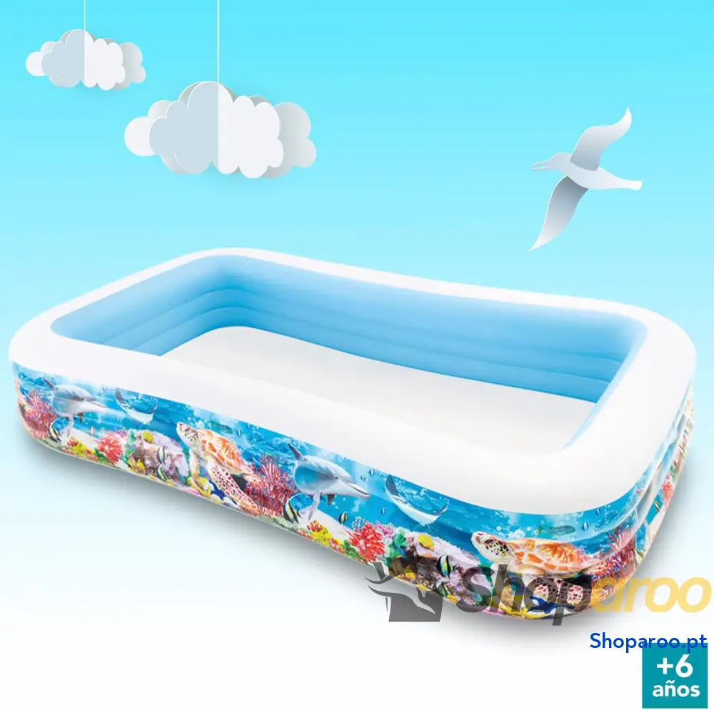 Piscina insuflável Intex Grande design oceânico 305 x 183 56 cm 1050 litros 3 câmaras de ar tampão drenagem vinil