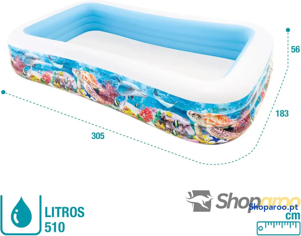 Piscina insuflável Intex Grande design oceânico 305 x 183 56 cm 1050 litros 3 câmaras de ar tampão drenagem vinil