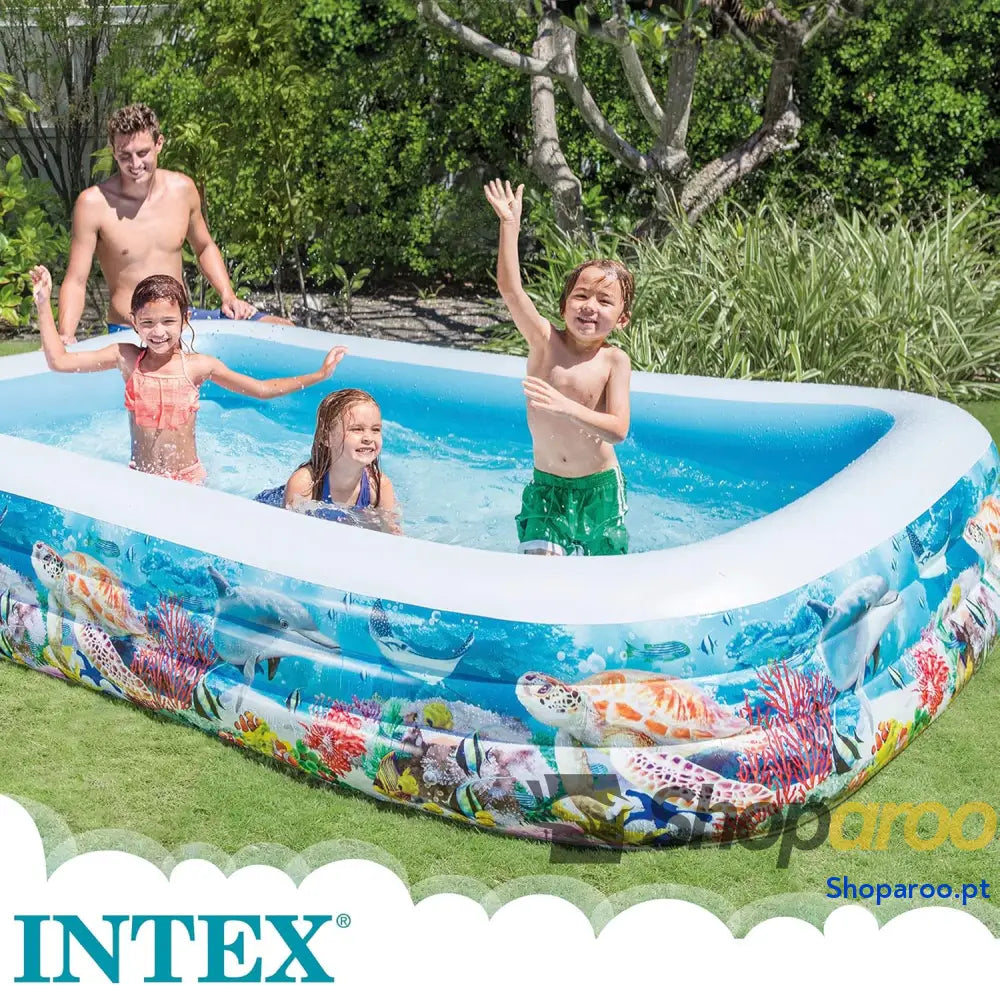 Piscina insuflável Intex Grande design oceânico 305 x 183 56 cm 1050 litros 3 câmaras de ar tampão drenagem vinil