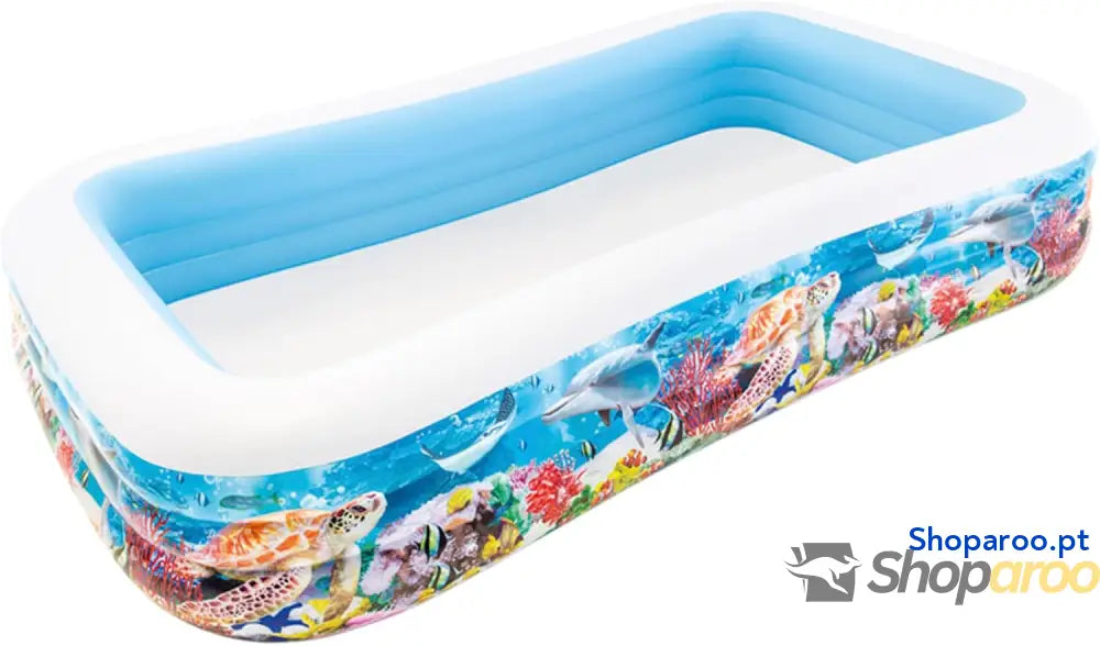 Piscina insuflável Intex Grande design oceânico 305 x 183 56 cm 1050 litros 3 câmaras de ar tampão drenagem vinil