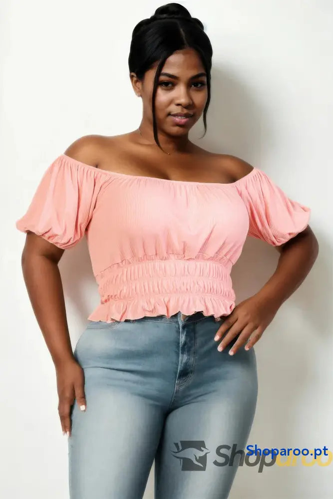 Blusa plus size de malha canelada com manga abalonada Blush