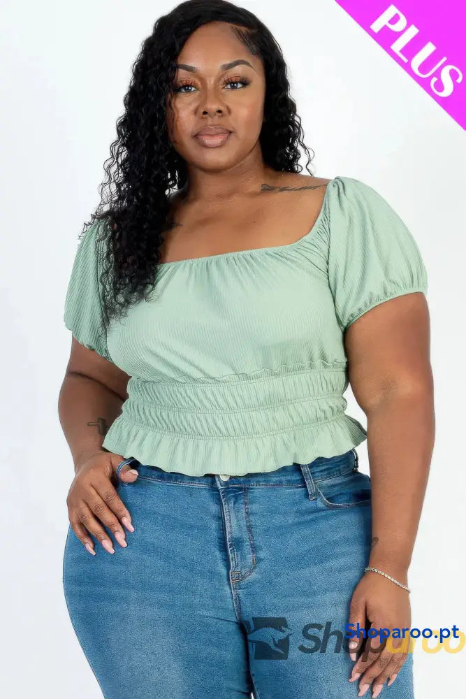 Blusa plus size de malha canelada verde com manga abalonada