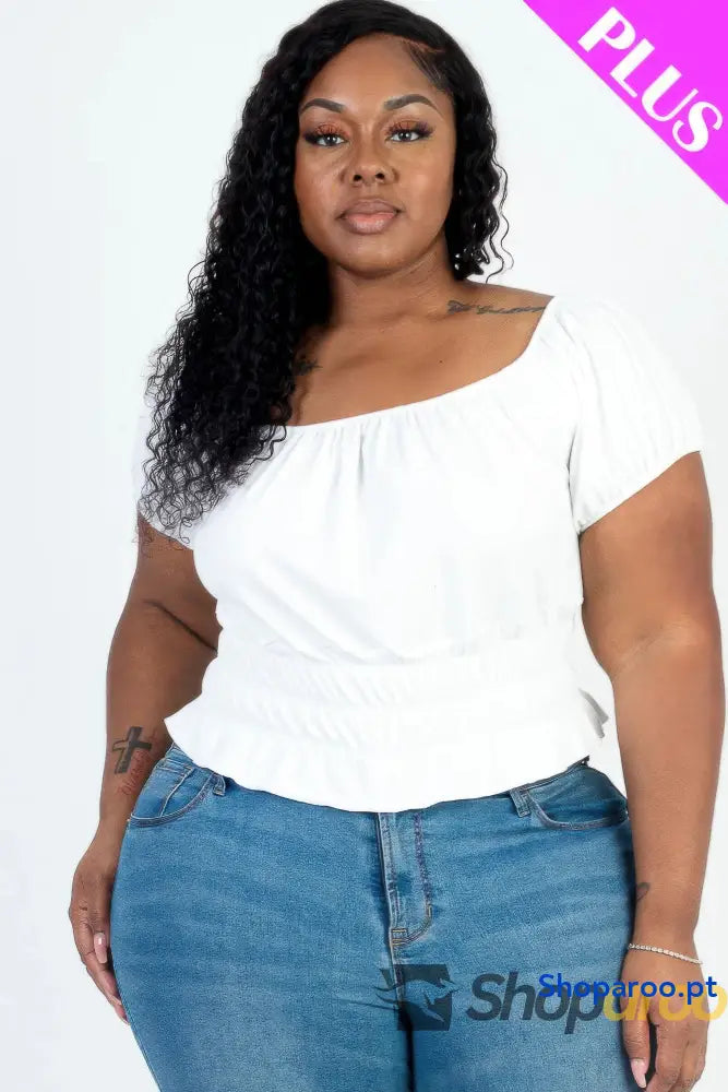 Blusa plus size de malha canelada com manga abalonada branca
