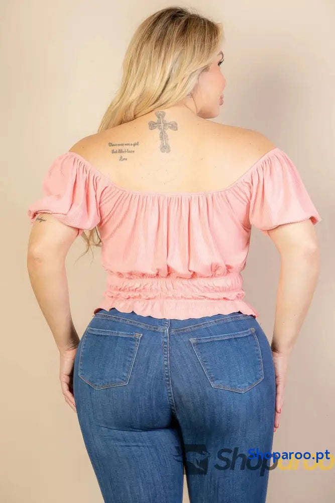 Blusa plus size de malha canelada com manga abalonada Blush