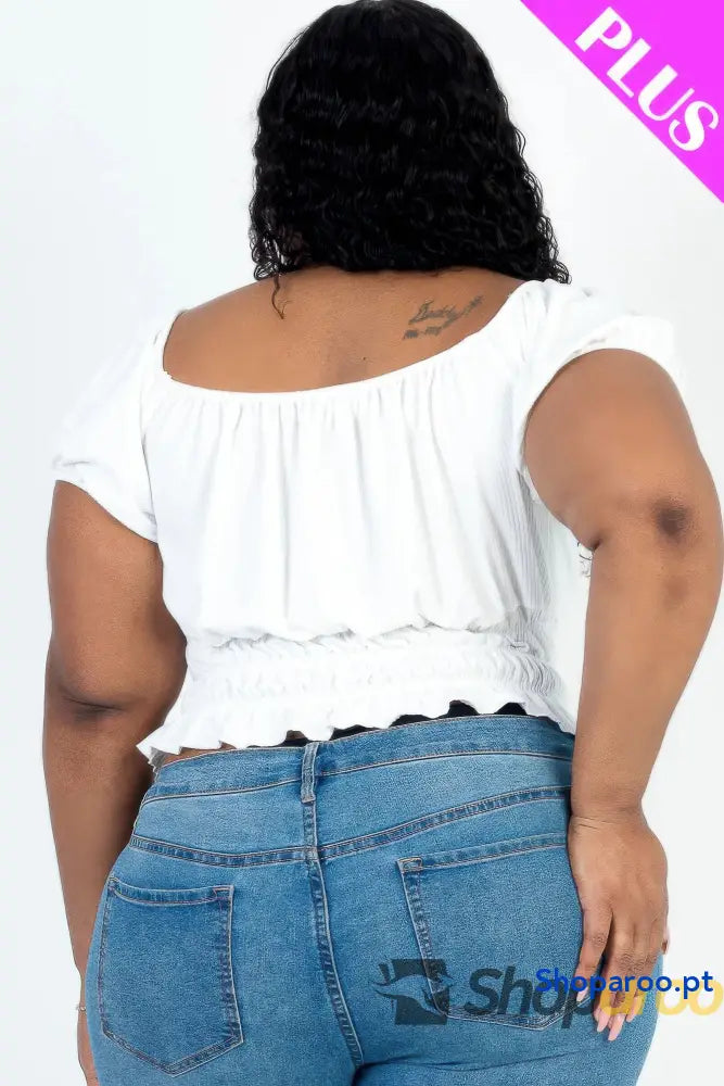 Blusa plus size de malha canelada com manga abalonada branca