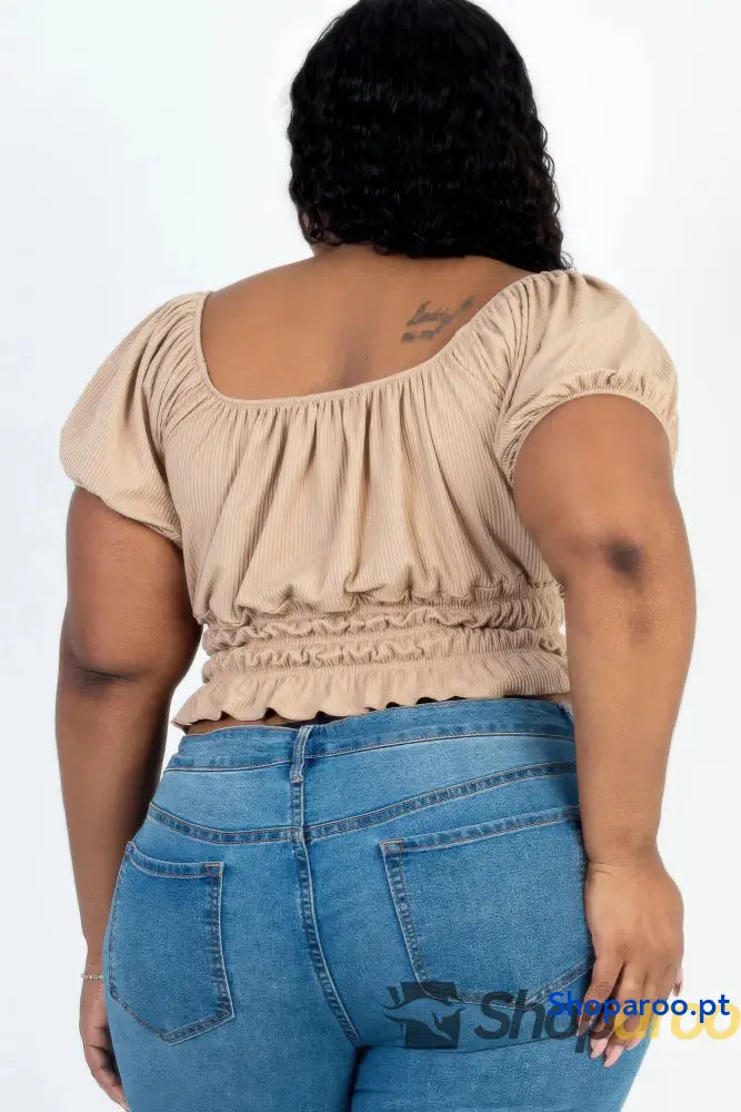Blusa plus size de malha canelada com manga abalonada cor Latte